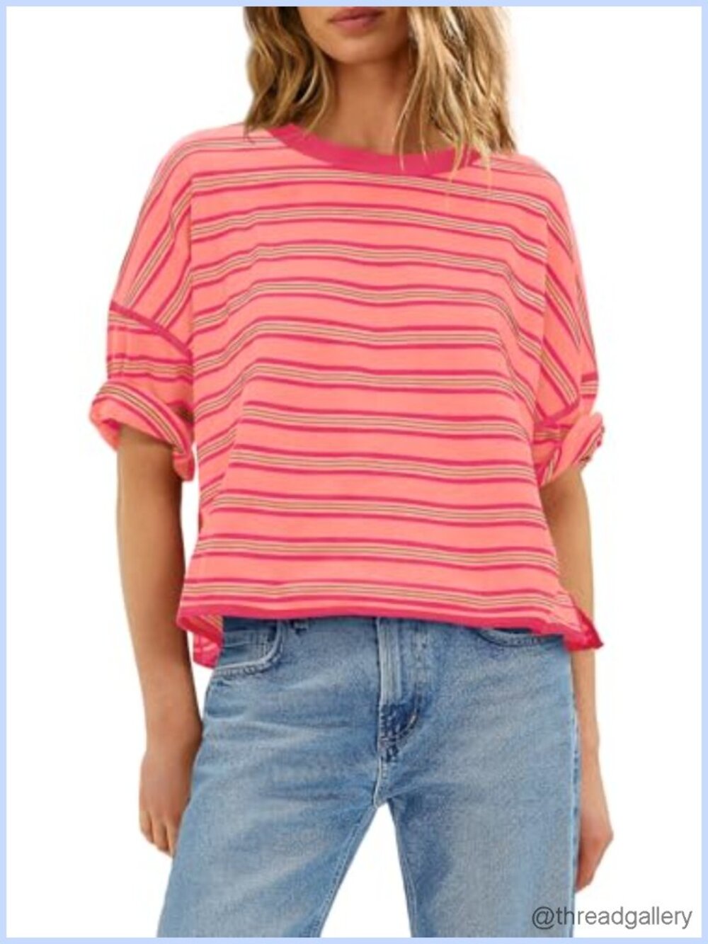 Oversized Striped Short Sleeve Crew Neck T-Shirt Crop Tee Casual Top